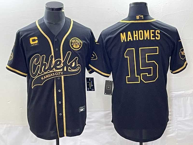 Men's Kansas City Chiefs #15 Patrick Mahomes Black Gold C Patch Cool Base Stitched Baseball Jersey